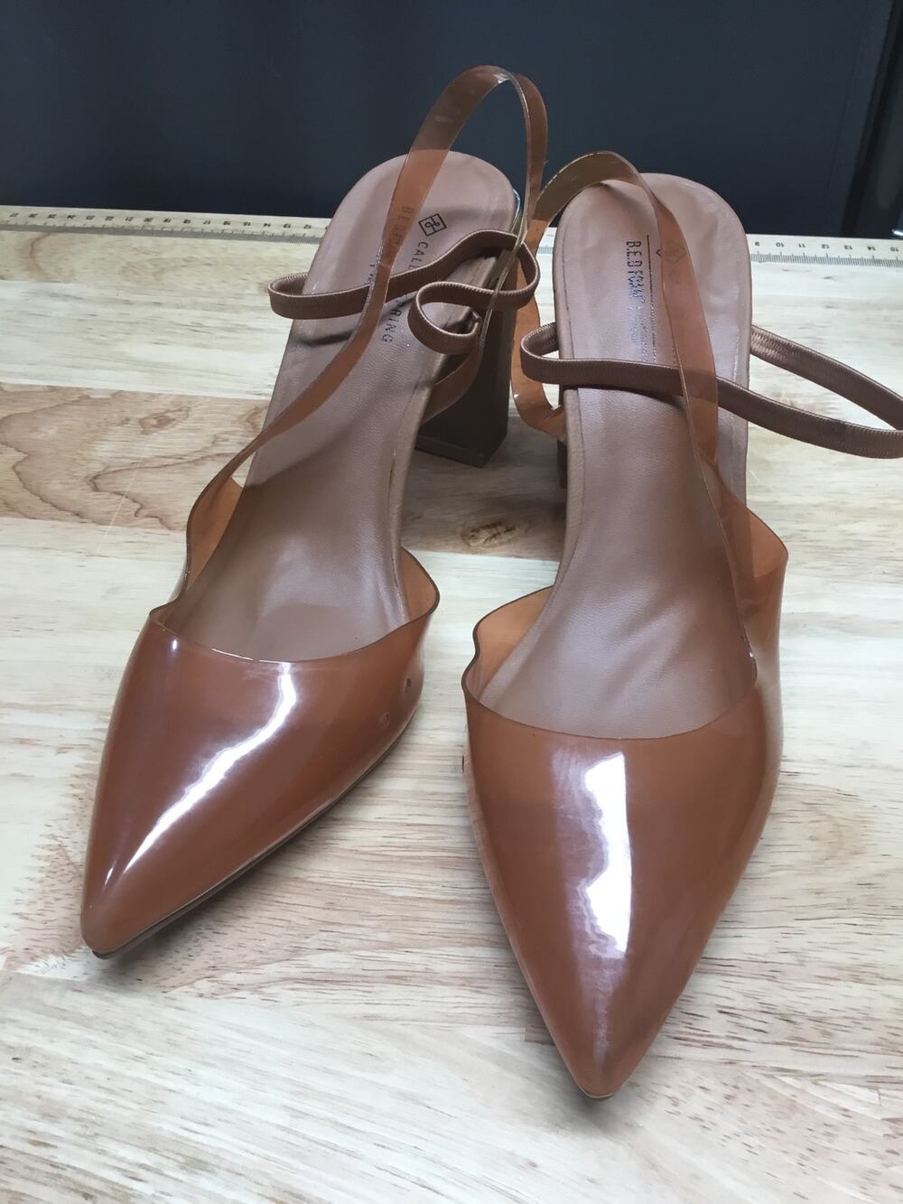 Call It Spring Strappy Heels Women 8 Tan Clear Block Heel Pointed Toe Slingback